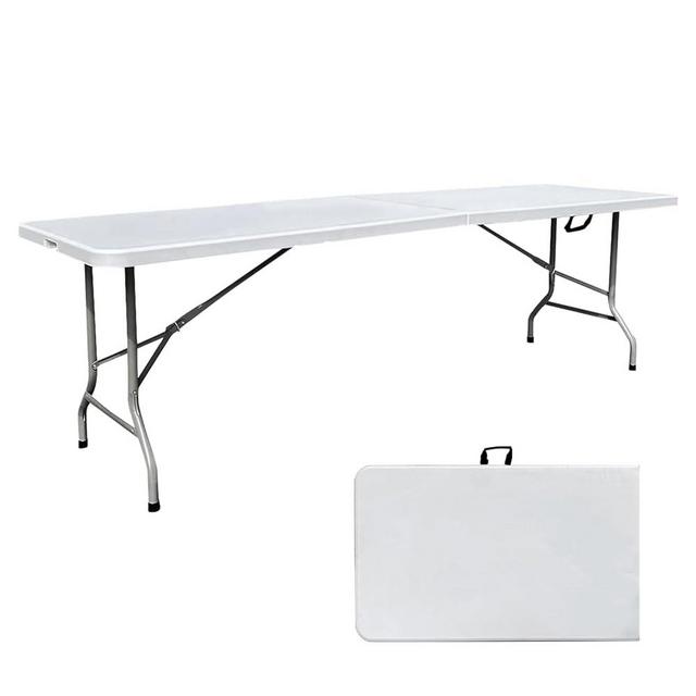 Go-Trio 8 Foot Folding Table 8ft Foldable Portable Plastic Picnic Tables with Handle, Fold in Half Heavy Duty Long Large Utility Table, Indoor Outdoor 8' Fold up Card Tables for Party, Dining, White