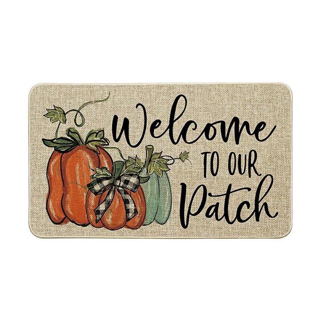 Artoid Mode Welcome to Our Patch Decorative Doormat, Fall Autumn Thanksgiving Pumpkin Low-Profile Floor Switch Mat for Indoor Outdoor 17x29 Inch