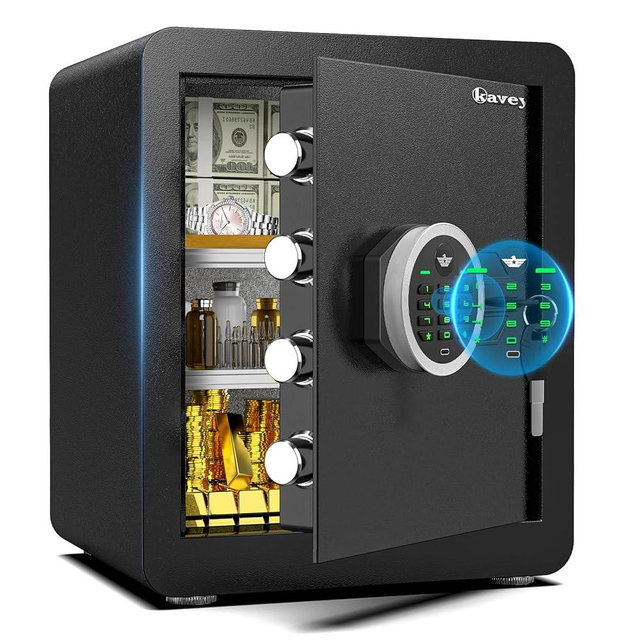 Kavey 2.0 Cub Safe Box Fireproof Waterproof, Home Safe with Digital Keypad and LED Light, Security Safes with Dual Alarm System and Mute Function, for Valuables and Documents
