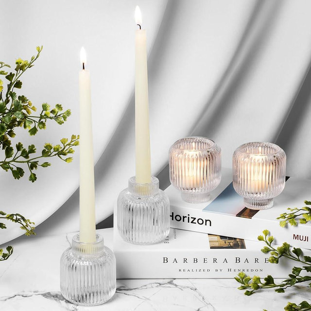 Reversible Glass Candlestick Holders - Set of 4 Candle Sticks Holder Decor - Taper Candle Holders - Table Decor - Candle Holders for Candlesticks