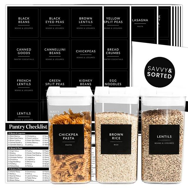 180 Kitchen Pantry Labels for Food Containers | Black Minimalist Food Labels for Jars | Kitchen Labels for Storage Bins | White Text on Black Labels Stickers | Pantry Labels for Containers Preprinted