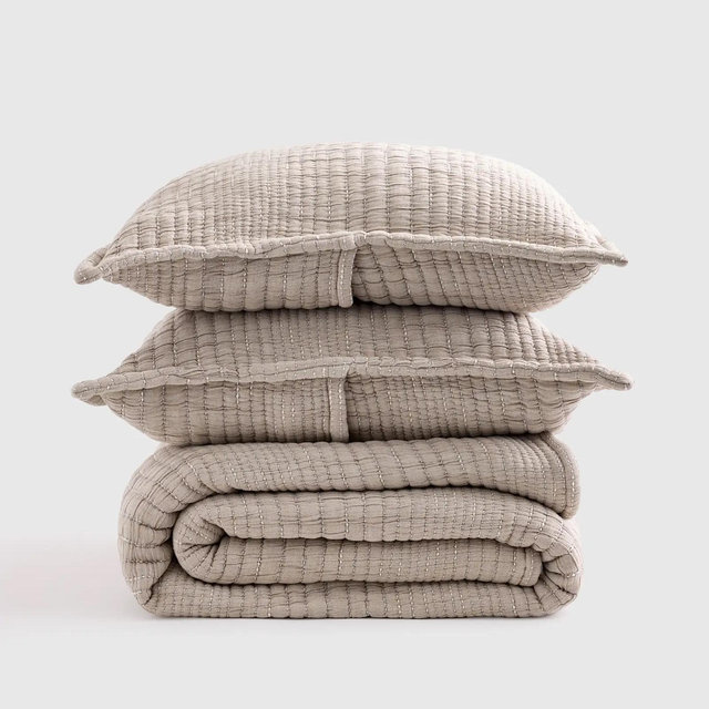 Organic Cotton Channel Stitch Coverlet Set - Taupe, Full/Queen