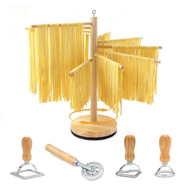 Rotary Pasta Drying Rack,Detachable Wood Pasta Rack with Pasta Molds & Stamps Ravioli with Pasta Cutter Wheel (4 pcs),Spaghetti Pasta Dryer Rack Collapsible Noodle Drying Rack Hanger Stand