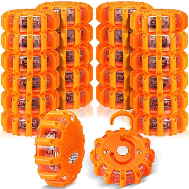 Frienda 24 Pieces LED Roadside Safety Flares Emergency Flare Lights Flashing Warning Lights Bulk Roadside Safety Beacon Disc Pack with Magnetic Base and Hook for Car Truck Vehicles Boat