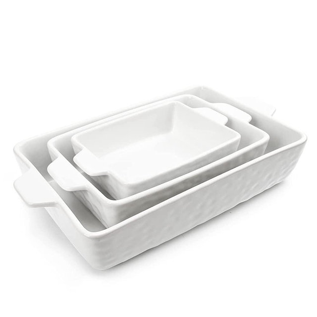 KitchenTour Ceramic Baking Dish Set of 3,Rectangular Baking Dishes for Oven Ceramic Bakeware with Handles-White