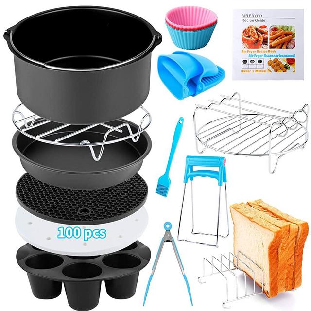 Air Fryer Accessories 14 PCS for Ninja Phillips Gowise Gourmia Dash Power XL Air Fryer, Fit 3.2-4.2-5.8QT Air Fryer with 7 Inch Cake Pan, Pizza Pan, Silicone Baking Cup, Skewer Rack, Parchment Paper