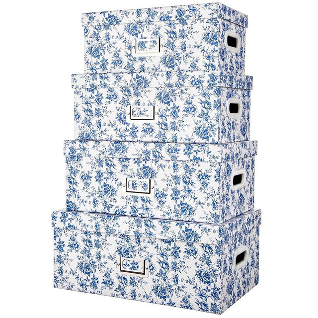 Briful Set of 4 Blue and White Storage Boxes with Lids – Photo Boxes Elegant Floral Nesting Organizer Bins, 14''/13''/12.2''/7.5'' Set Decorative Cardboard Gift Boxes for Home or Office Use