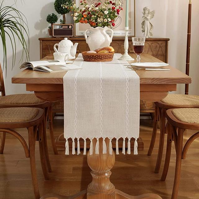 Pocass Farmhouse Table Runner Rustic Table Runners with Handmade Tassel, Vintage Woven Cotton Linen Table Runner 72 inches Long for Party Dining Table Decoration (Ivory, 13x72 inch)