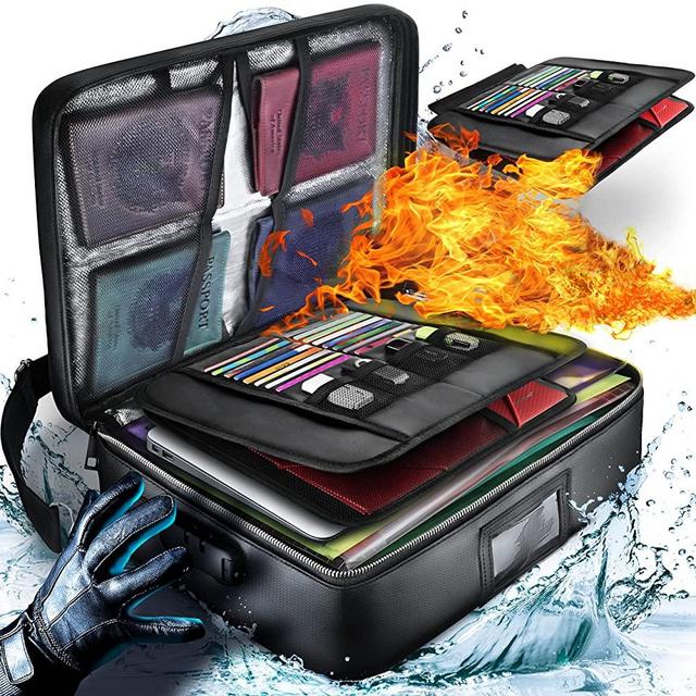 Fireproof Document Bag with Lock, File Organizer Bag, Home Office Travel Safe Bag, Two Zippers, Fire-Water Resistant Zippers, Multi-Layer Portable Filing Storage for Important Documents and Laptop