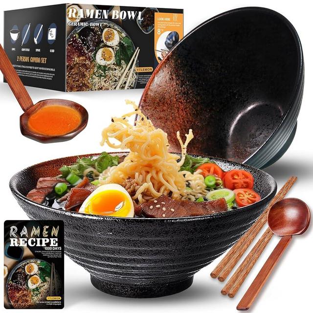 YTLEMON Ramen Bowls Set of Ceramic, 2 Sets of 34 Ounces Large Japanese Serving Bowls with Chopsticks and Spoons, Dinnerware for New Apartments Suitable as Housewarming Gifts (E: Yellow)