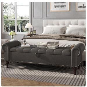 YOUDENOVA 60" Storage Bench for Bedroom Queen Leather Storage Bench with Button, Upholstered Bedroom Bench with Rolled Arms for Living Room, Entryway,Gray