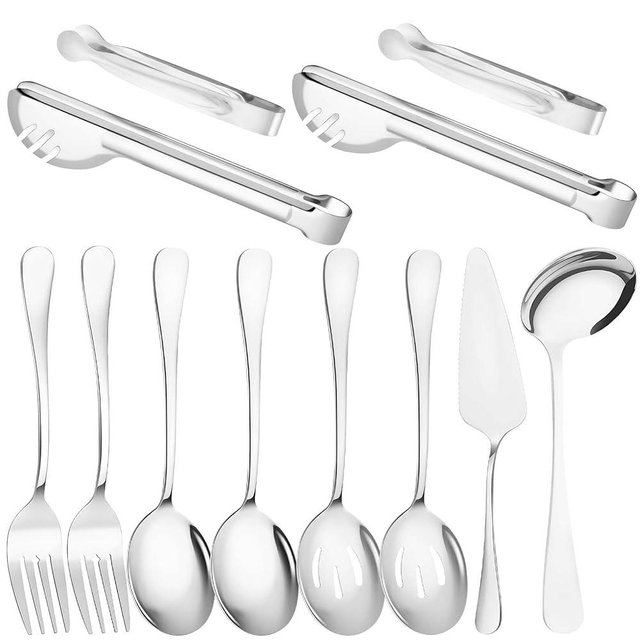 12 Pcs Silver Serving Utensils Set Include Stainless Steel Large Serving Spoons Slotted Spoons Forks Soup Ladle Pie Server - Metal Utensils for Parties Buffet Catering, Dishwasher Safe