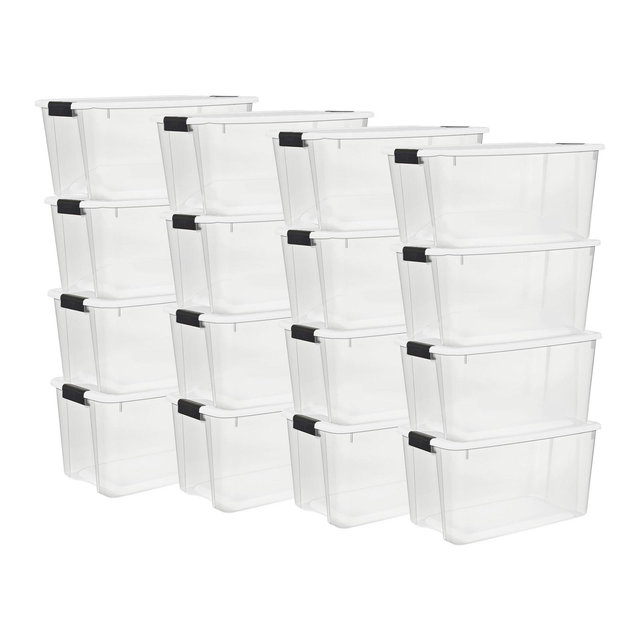 Sterilite 70 Qt Ultra Latch Box, Stackable Storage Bin with Lid, Plastic Container with Heavy Duty Latches to Organize, Clear and White Lid, 16-Pack