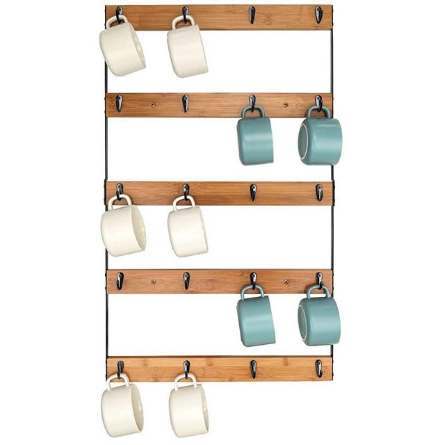 Aomomery Coffee Mug Rack,Rustic Coffee Mug Holder Wall Mount,Bamboo Coffee Cup Holder with 20 Mug Organizer Hooks,Large 5-Tier Mug Display for Kitchen