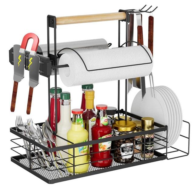 NEYCIL Grill Caddy with Magnetic Tool & Paper Towel Holders, Picnic Utensil Condiment Caddy, Barbecue Grill Tool Organizer for Outdoor Camping, Cooking, Camper