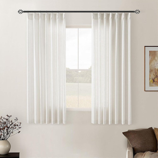 Cream Ivory Pinch Pleat Linen Short Curtains 54 Inch Long for Kitchen Pleated Hooks Rings Back Tab Light Filtering Boho Farmhouse Semi Sheer 54 Inch Curtain for Dining Room Bedroom Small Window
