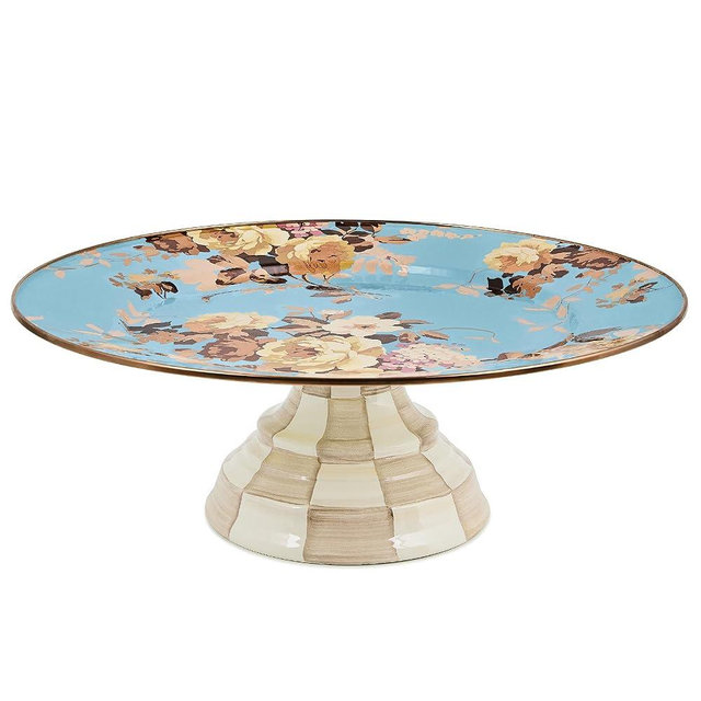 MACKENZIE-CHILDS Enamel Pedestal Platter, Round Cake Stand, Large, Wild Rose Slate