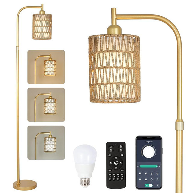 LAMSU Modern Gold Floor Lamps for Living Room, Boho Rattan Floor Lamp with Remote & Dimmable LED Bulb, Farmhouse Standing Lamp with Rattan Shades, Minimalist Tall Pole Lamp for Bedroom Office