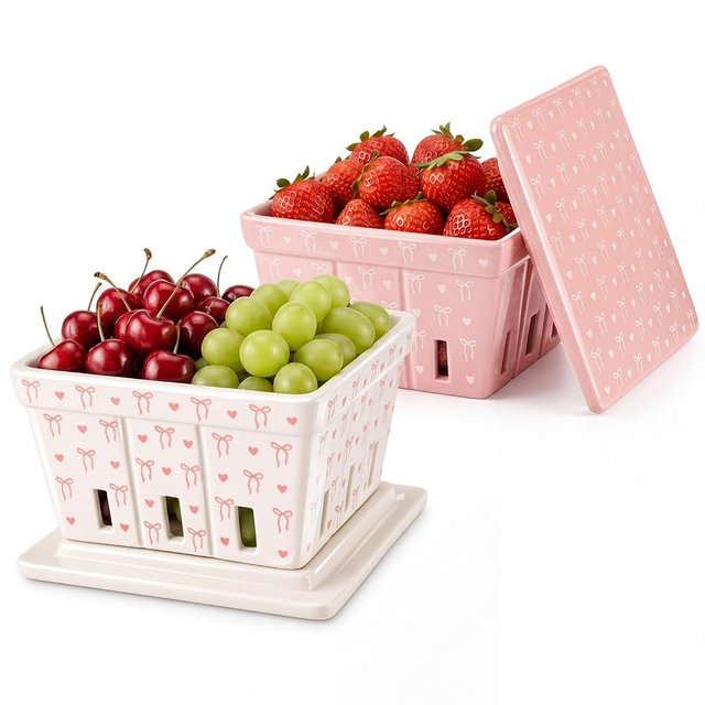 Reallnaive 2 Pcs Ceramic Berry Basket with Lids 5 Inch Pink Bow White Square Fruit Bowls with Holes Stackable Berry Containers Decorative Cherry Colander for Fridge Storage Strawberry Grape Kitchen