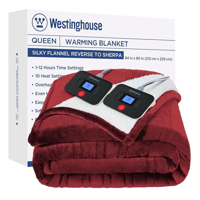 Westinghouse Electric Blanket Queen, Heated Blanket Queen Size with 10 Heating Levels and 1 to 12 Hours Heating Time Settings, Flannel to Sherpa Reversible, Machine Washable (84" x 90", Red)