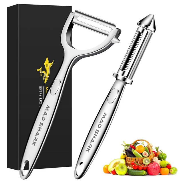 MAD SHARK Ultra Sharp Vegetable Peelers for Kitchen Fruit Apple Potato Peelers,Design with Ergonomic Non-Slip Handle, Y+I Shaped Stainless Steel Serrated(2pc）