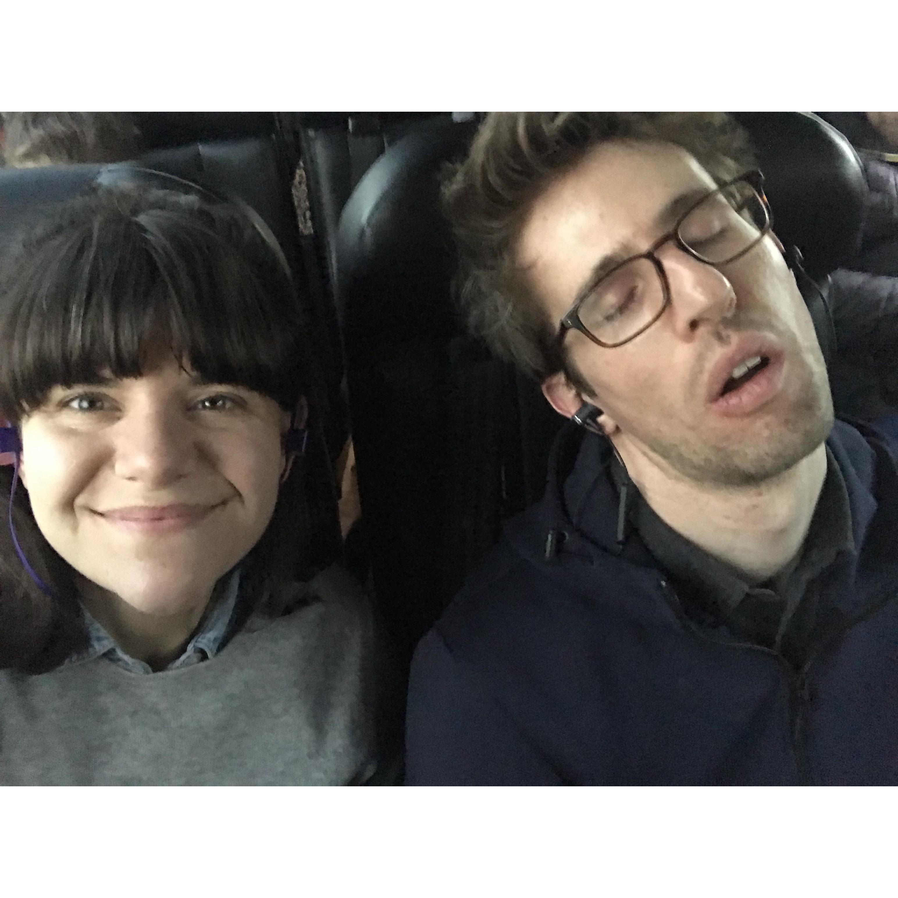Alex is from Cincinnati and Sarah is from Nashville. Here we are on the Greyhound bus that connects our hometowns last Christmas. Awww, this one is romantic.
