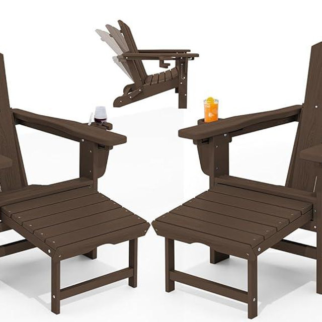 KINGYES Folding Adjustable Adirondack Chair with Ottoman Set of 2, Coffee