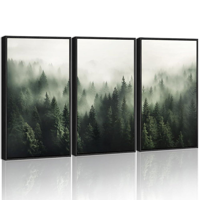 SHENIFY Green Fog Pine Tree Forest Canvas Wall Art 11x14in Framed Nature Modern Artwork Prints Decor - Black Framed