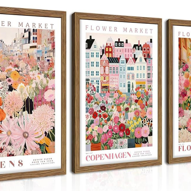 Floral Wall Art Set of 3, Colorful Flower Market Canvas Wall Decor Paintings, Pink Wildflower Botanical Posters Prints Pictures Artwork for Bedroom Living Room 12x16 Inch Wood Framed