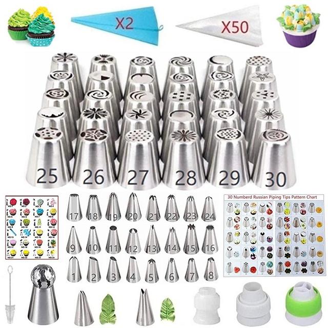 ANSLYQA 116 Pcs Russian Piping Tips Set with 30 Numbered Russian Tips,24 Numbered Icing Tips,Pattern Chart,1 Ball Tip,2 Leaf Tips,52 Pastry Bags,3 Couplers for Cake Decorating