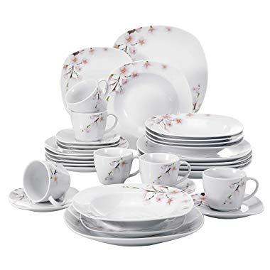 VEWEET 30-Piece Ceramic Dinnerware Service for 6 Ivory White Porcelain Floral Pattern Dinner, Soup, Salad Plate, Bowl Set (Annie Series)