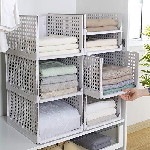 Folding and Stackable Storage Shelf | Foldable Drawer Organizer | Closet Wardrobe Organizer, Set of 4, Gray
