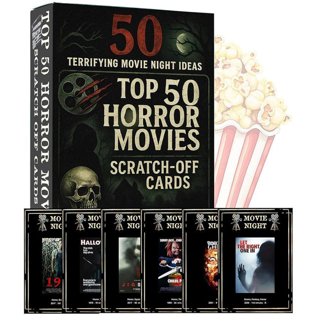 GIFTSFARM Horror Movies Scratch Off Cards, Horror Movie Gifts for Movie Night, Movie Night Supplies, Horror Gifts Merch - Premium Top 50 Horror Movies