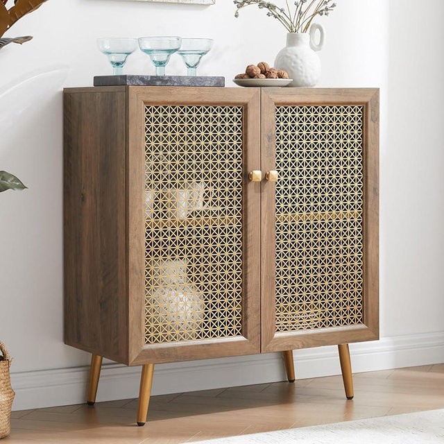 JYED DECOR Storage Sideboard Buffet with 2-Metal Mesh Door, Multifunctional Accent Console Cabinet for Living Room, Dining Room (Rustic Oak, 30.8"x15.8"x35"H)