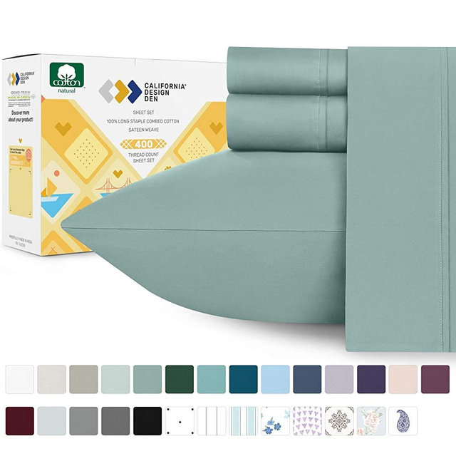 Best Quality 400-Thread-Count 100% Pure Cotton Sheets - 3-Piece Green Sage Twin Size Sheet Set Long-Staple Combed Cotton Premium Bed Sheets for Bed Sateen Weave Fits Mattress 15'' Deep Pocket