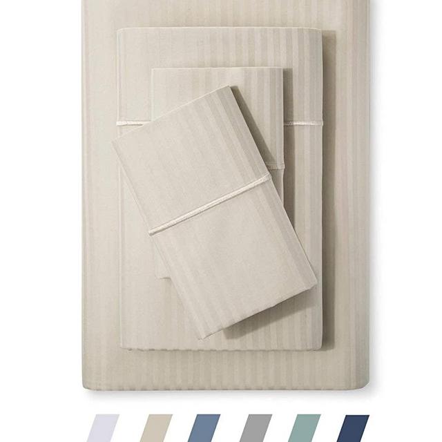 Feather & Stitch 500 Thread Count 100% Cotton Stripe Sheets + 2 Pillowcases, Soft Sateen Weave, Deep Pocket, Hotel Collection, Luxury Bedding Set (Beige, California King)