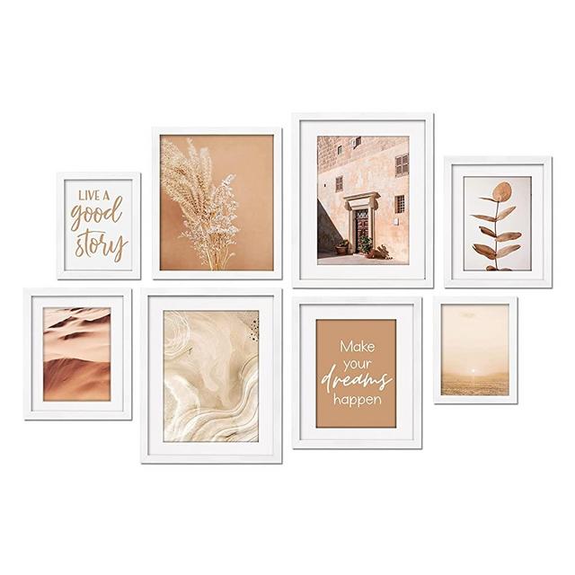 ArtbyHannah 8 Pack White Gallery Wall Art Set with Solid Wood Picture Frames Collage for Wall Decor and Modern Neutral Art Prints, Multi-Size 11x14"X2,10x12"X2, 8x10"x4, 6x8"x2