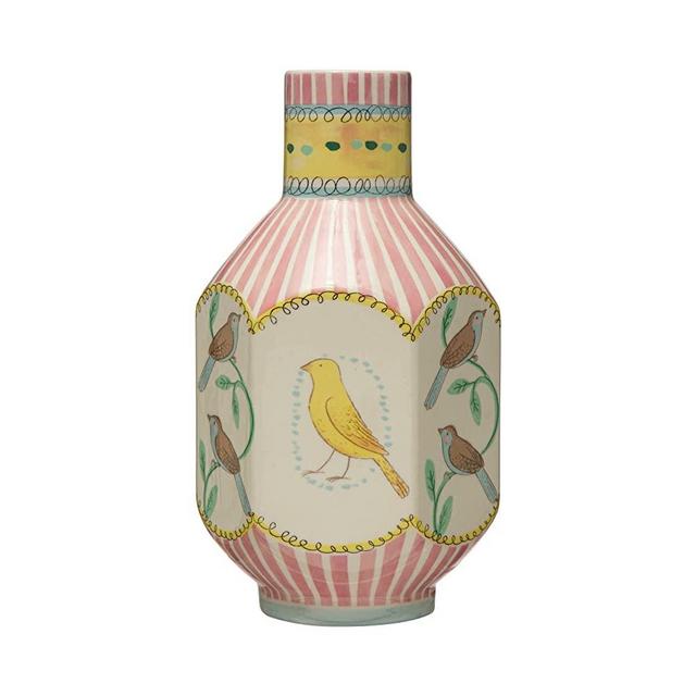 Creative Co-Op Ceramic Painted Bird Designs, Multicolor Vase, Multi