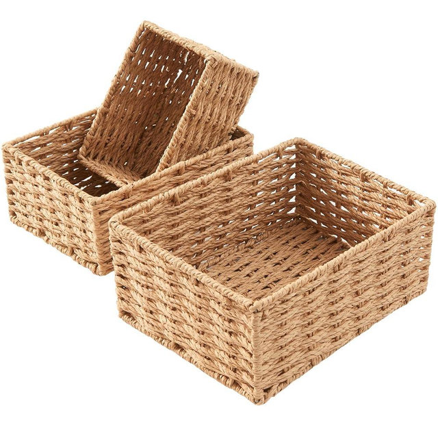 Small Wicker Basket for Organizing, Woven Storage Basket Set of 3 - Handwoven Natural Paper Rope Baskets to Declutter Any Room, Perfect for Organizing and Home Decor