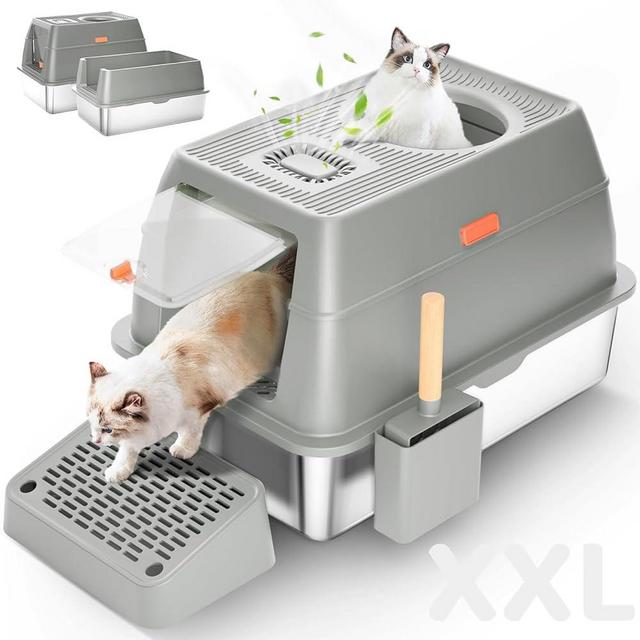 Eosarcu Stainless Steel Cat Litter Box with Lid, XXL Large Enclosed High Sided Litter Box with Removable Lid &Scoop, Odor Free, Easy Cleaning, Anti-Urine Leakage for Big Cats -Grey