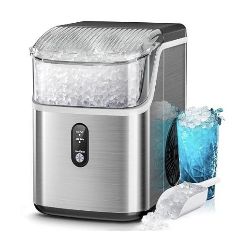 Kismile Nugget Ice Makers Countertop,Portable Ice Machine with Crushed Ice, 35lbs/Day,Self-Cleaning,One-Click Operation for Home Use(Silver)