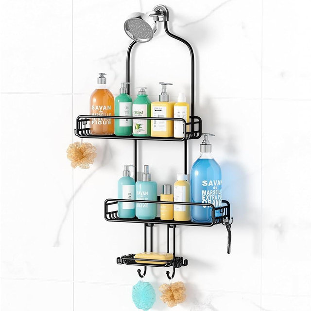 HAMITOR Shower Caddy Over Shower Head: Adjustable Large Hanging Shower Organizer with Soap Holder - Bathroom Shelf Shampoo Storage Rack with 3-Tier Baskets - 4 Movable Hooks for Razor Loofah-Black