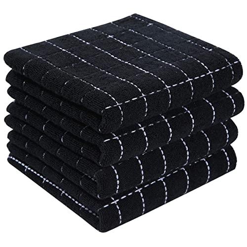 Homaxy 100% Cotton Terry Kitchen Towels(Black, 13 x 28 inches), Checkered Designed, Soft and Super Absorbent Dish Towel, 4 Pack