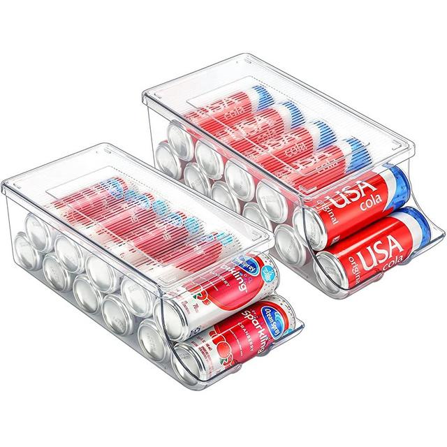 Puricon 2 Pack Soda Can Organizer Dispenser for Refrigerator, Clear Plastic Canned Food Pop Beverage Container Holder Storage Bin with Lid for Freezer Rack Pantry Cabinet Cupboard Kitchen -Skinny