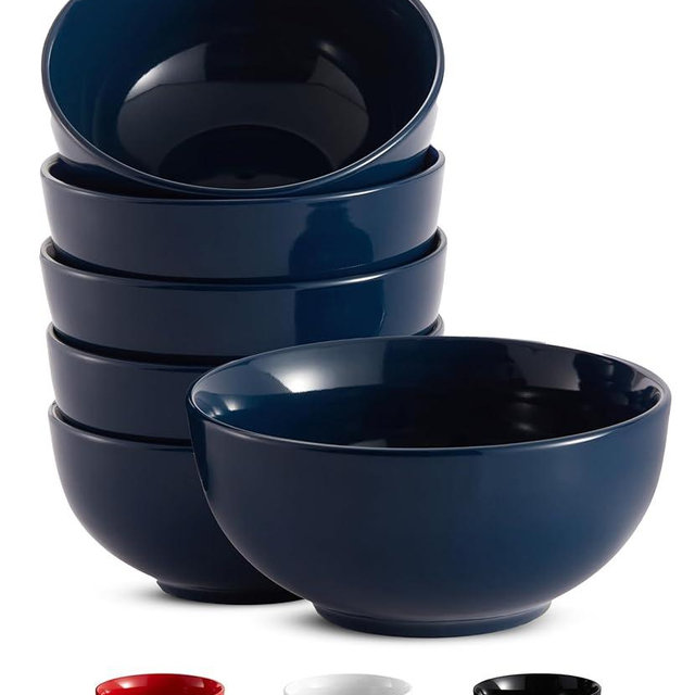 KooK Cereal Bowl, Bowl Set, Ceramic Bowls, Set of 6, Soup Bowl, White Bowl, Microwave, Dishwasher and Freezer Safe, Chip Resistant, for Pasta, Salad, Oatmeal, Deep Interior, 24 Oz (Navy, 6 Inch)