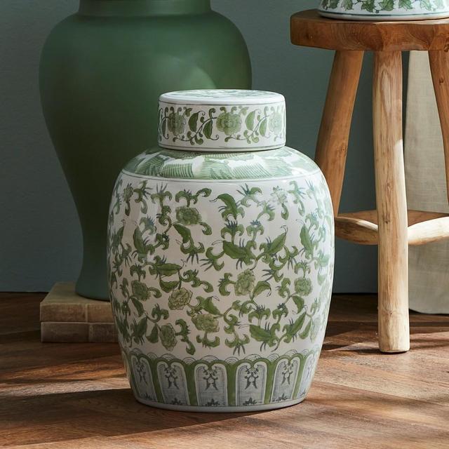 Chinoiserie Lidded Jar, Green and White, Large