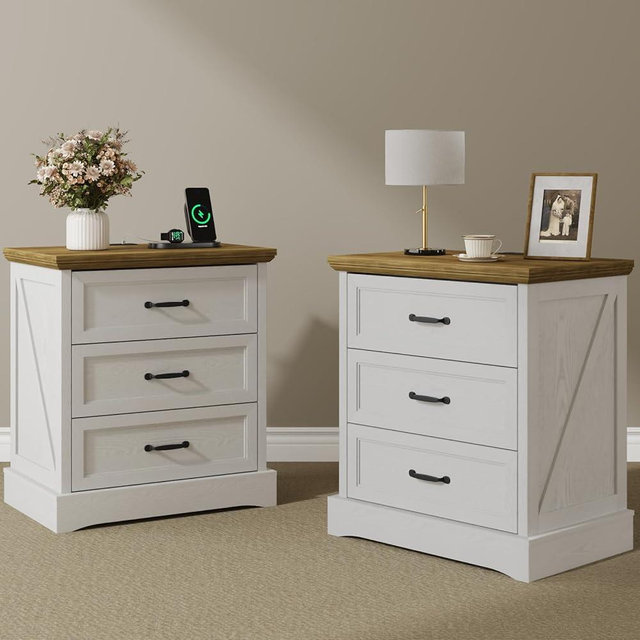 Draelibor NightStand Set of 2 with Charging Station, Farmhouse 23.6" W Bedside Table with 4 Drawers, Night Stand for Bedroom, Home Office, White & Brown