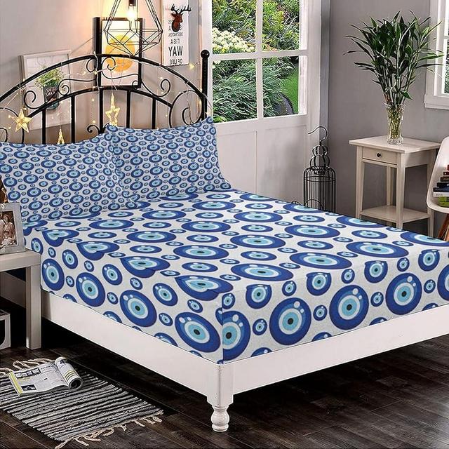 Decorative Fitted Sheet Set King Size, Evil Eye Deep Pockets Fitted Sheet & 2 Pillow Sham Set(No Flat Sheet), Turkish Eye Bead Blue White Printed Microfiber Bedding 3pc Set, for Women & Men Bedding