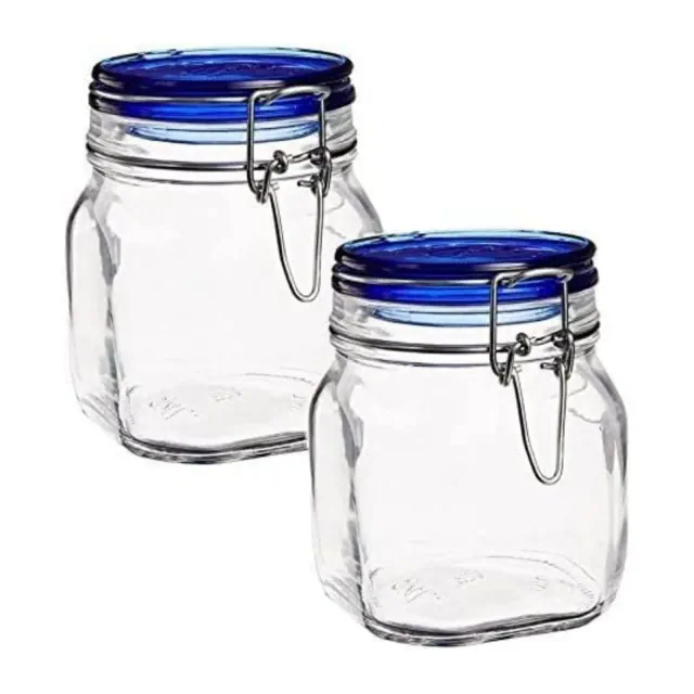 Bormioli Rocco Fido Glass Jars, Blue Lids, Food Storage Containers with Airtight Seal, 25.25 oz Clamp Lock Canisters, Dishwasher Safe