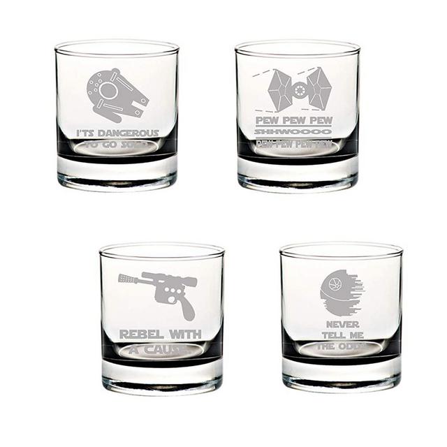 SW Drinking Glass Set of 4 Etched Rocks Whiskey Glasses